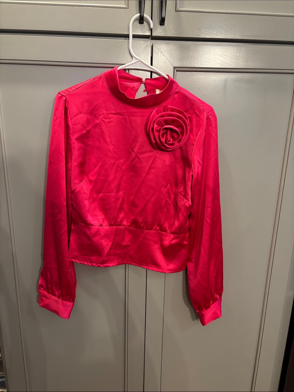 Cynthia Rowley Hot Pink Satin Long-Sleeve Top with Rosette Detail S NWOT
